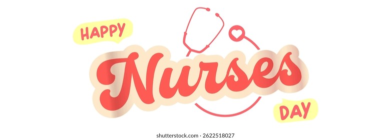 International nurses day cute vector wide horizontal banner and poster with stethoscope isolated on white background. vector pink 12 May Happy nurses day icon, label, sign, sticker design template