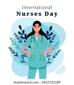 International Nurses Day. A girl in a flat style in a nurse uniform on a white poster in honor of the national day of the medical worker. Vector illustration. Doctor. Treatment and care