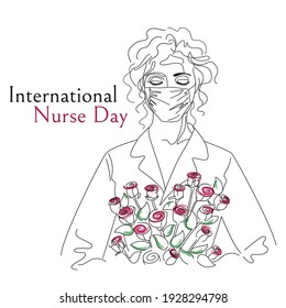 International Nurses Day greeting card or banner. A young woman medical professional holds a bouquet of roses in her hands. Vector line illustration