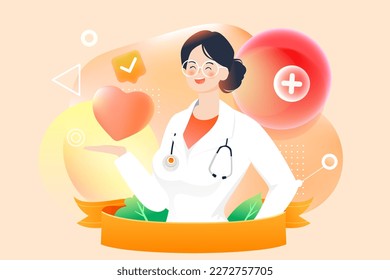 International nurses day, nurse holding love flower with flowers and medical supplies in background, vector illustration