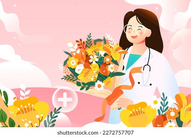 Día internacional de las enfermeras, enfermera que sostiene flores de amor y suministros médicos en segundo plano, ilustración vectorial