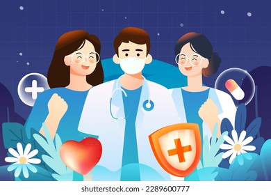 International nurses day, nurse surrounded by flowers, background with hearts and plants, vector illustration