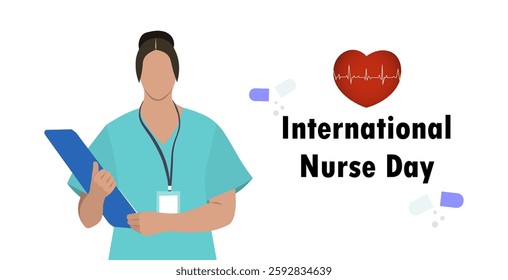International Nurses Day. Portrait of a nurse holding a clipboard for patients stories in hands. Vector illustration Not AI generated