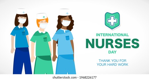 International Nurse's Day. Postcard, banner for the holiday. Vector illustration. Medicine, masks, medical workers.