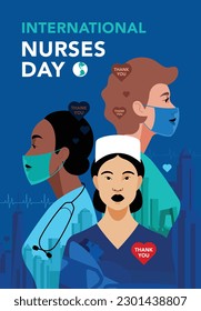 International Nurses Day poster. Different ethnic women in medical uniform on blue backdrop. Beautifel female portrait. City skylines behind. Contemporary illustration in minimalist style.