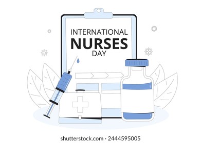 International nurses day text card. Holiday banner with medical symbols flat illustration.