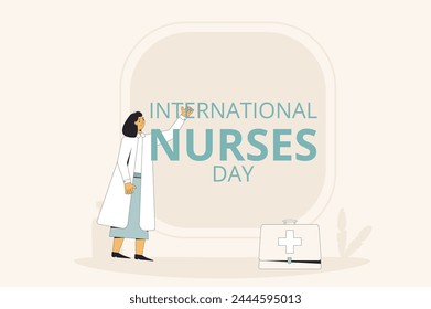 International nurses day text card. Holiday banner. Female character and medical symbols flat illustration.