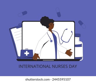 International nurses day text card. Holiday banner. Telemedicine concept, Female character and medical symbols flat illustration.