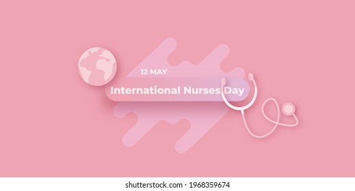 International nurses day vector horizontal banner or poster with stethoscope and earth globe isolated on pink background. vector 12 May Happy nurses day icon or sign design template