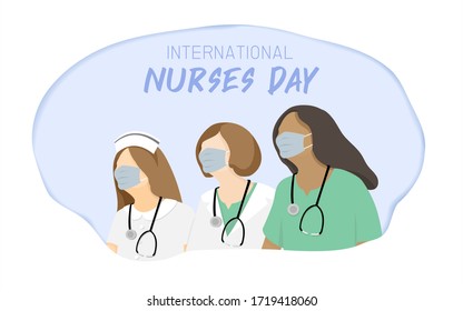 Vector del Día Internacional de Enfermeras. Diseño de ilustración con el retrato de la enfermera de diferente nacionalidad y fondo azul claro para un aspecto limpio. Que se aprecie a los trabajadores de la salud y al hospital.