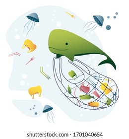 International ocean day. Earth day, the Day of the planet. Cute whale picks up trash in the sea. 