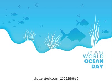 international ocean day event poster with blue seascape and aquatic life vector