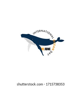 International Ocean Day. Typography Whale logo. Whale on circle text. Vector Illustration.