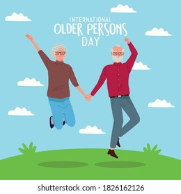 international older persons day lettering with old couple celebrating in the camp vector illustration design