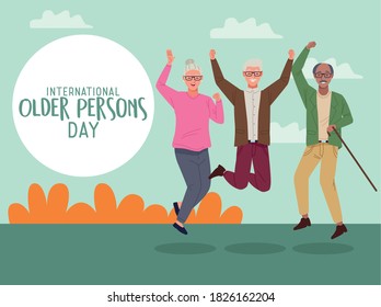 International Older Persons Day Lettering With Old People Jumping Celebrating In The Field Vector Illustration Design