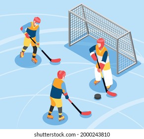 International olympic day isometric composition with skating rink scenery and hockey players with sticks and puck vector illustration