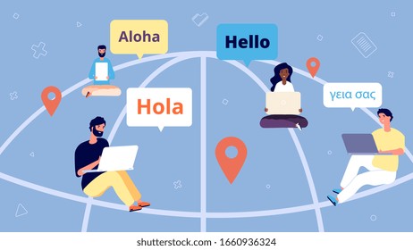 International online chat. People communicate over Internet. Remote business team, world wide web and marketing. Communication vector illustration