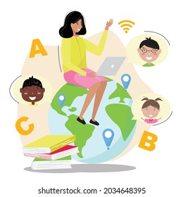 International online education concept in flat design. Online children studying. Woman teacher teaching children online around the world. 