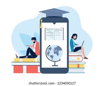 International online education, digital library in smartphone. People reading and sitting on books pile. Students, study and read vector concept