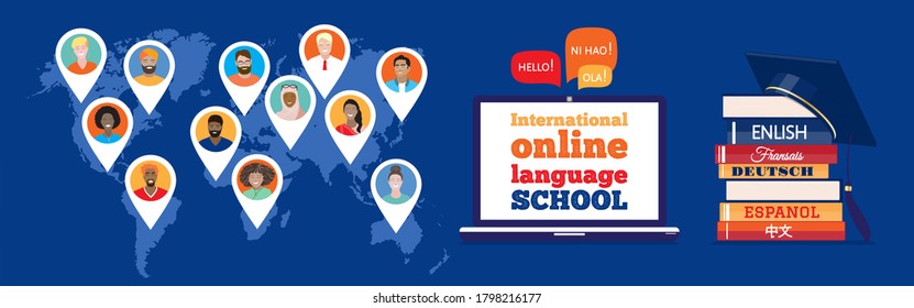 International online language school banner. People avatars at world map, laptop, stack of books. E-learning, online education at home. Vector illustration concept for website and mobile applications.