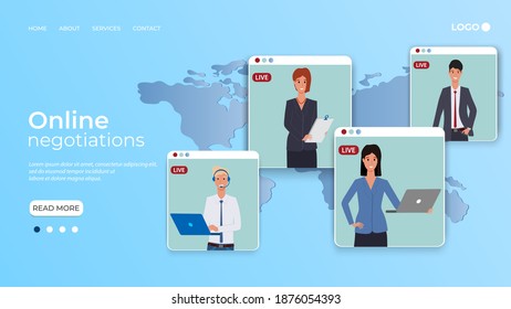 International online negotiations.People communicate with each other online against the background of a map of the Earth.Online meeting in quarantine.Flat vector illustration.