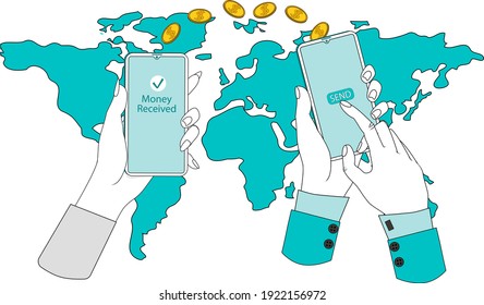 International online payments.People use a mobile app to transfer money to each other.The concept of global online financial transfers.Flat vector illustration .