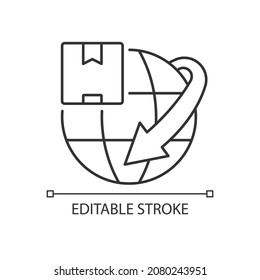 International order delivery professional service linear icon. Worldwide parcels shipping. Thin line customizable illustration. Contour symbol. Vector isolated outline drawing. Editable stroke