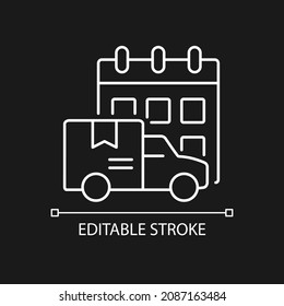 International orders shipping schedule white linear icon for dark theme. Cargo delivery on-time. Thin line customizable illustration. Isolated vector contour symbol for night mode. Editable stroke