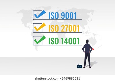 Concepto de organización internacional para la normalización, iso 9001 para la gestión de la calidad, iso 27001 para la gestión de la seguridad e iso 14001 para la gestión medioambiental