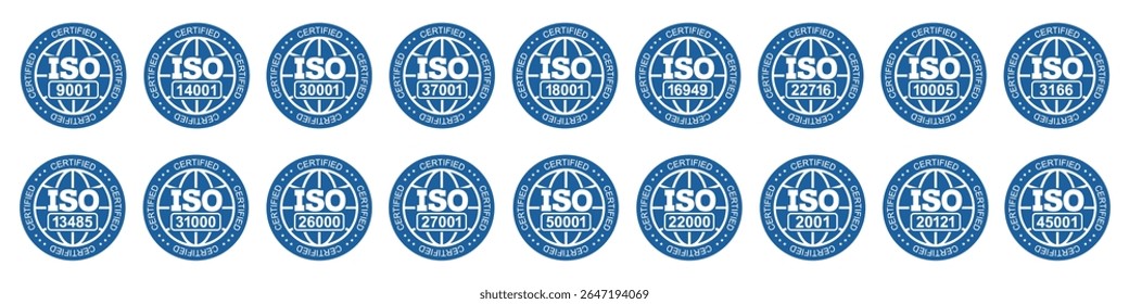 Conjunto de carimbos da Organização Internacional de Normalização: 9001, 14001, 3166, 2001, 13485, 18001, 22000, 26000, 27001, 31000, 45001, 50001. Conjunto de padrões ISO populares - vetor