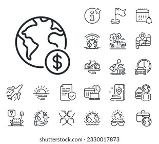 International outsourcing sign. Plane jet, travel map and baggage claim outline icons. Global business line icon. Financial marketing symbol. Global business line sign. Vector