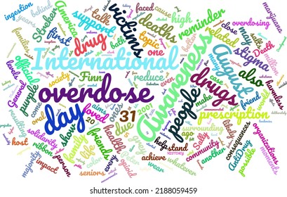 International Overdose Awareness Day 31 August Word Cloud In Vector Art Creative Colourful White Back Ground