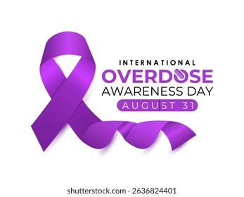 International Overdose Awareness Day. Unite for Prevention, Remember with Purpose. Syringe, pills, Medicine bottle, Capsules with powder or granules.. Purple Realistic ribbon. Banner poster,background