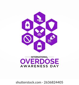 International Overdose Awareness Day. Unite for Prevention, Remember with Purpose. Syringe, pills, Medicine bottle, Capsules with powder or granules.. Purple Realistic ribbon. Banner poster,background