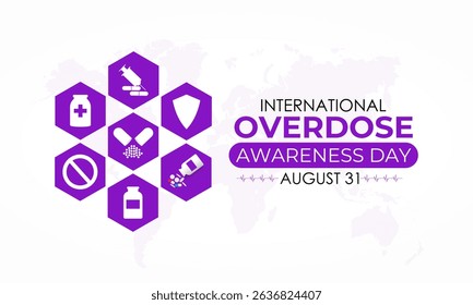 International Overdose Awareness Day. Unite for Prevention, Remember with Purpose. Syringe, pills, Medicine bottle, Capsules with powder or granules.. Purple Realistic ribbon. Banner poster,background