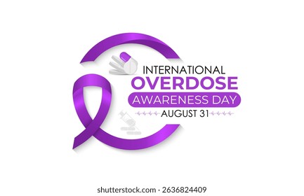 International Overdose Awareness Day. Unite for Prevention, Remember with Purpose. Syringe, pills, Medicine bottle, Capsules with powder or granules.. Purple Realistic ribbon. Banner poster,background