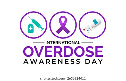International Overdose Awareness Day. Unite for Prevention, Remember with Purpose. Syringe, pills, Medicine bottle, Capsules with powder or granules.. Purple Realistic ribbon. Banner poster,background