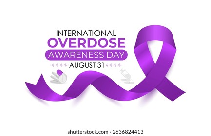 International Overdose Awareness Day. Unite for Prevention, Remember with Purpose. Syringe, pills, Medicine bottle, Capsules with powder or granules.. Purple Realistic ribbon. Banner poster,background
