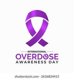 International Overdose Awareness Day. Unite for Prevention, Remember with Purpose. Syringe, pills, Medicine bottle, Capsules with powder or granules.. Purple Realistic ribbon. Banner poster,background