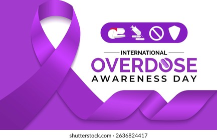 International Overdose Awareness Day. Unite for Prevention, Remember with Purpose. Syringe, pills, Medicine bottle, Capsules with powder or granules.. Purple Realistic ribbon. Banner poster,background