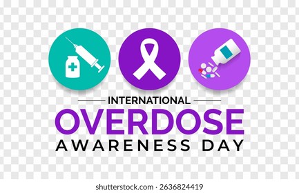 International Overdose Awareness Day. Unite for Prevention, Remember with Purpose. Syringe, pills, Medicine bottle, Capsules with powder or granules.. Purple Realistic ribbon. Banner poster,background