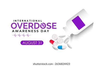 International Overdose Awareness Day. Unite for Prevention, Remember with Purpose. Syringe, pills, Medicine bottle, Capsules with powder or granules.. Purple Realistic ribbon. Banner poster,background