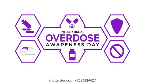 International Overdose Awareness Day. Unite for Prevention, Remember with Purpose. Syringe, pills, Medicine bottle, Capsules with powder or granules.. Purple Realistic ribbon. Banner poster,background