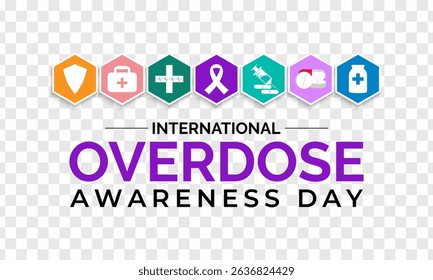 International Overdose Awareness Day. Unite for Prevention, Remember with Purpose. Syringe, pills, Medicine bottle, Capsules with powder or granules.. Purple Realistic ribbon. Banner poster,background