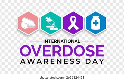 International Overdose Awareness Day. Unite for Prevention, Remember with Purpose. Syringe, pills, Medicine bottle, Capsules with powder or granules.. Purple Realistic ribbon. Banner poster,background