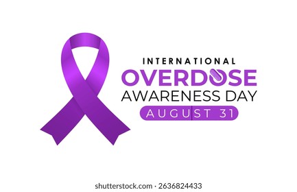International Overdose Awareness Day. Unite for Prevention, Remember with Purpose. Syringe, pills, Medicine bottle, Capsules with powder or granules.. Purple Realistic ribbon. Banner poster,background