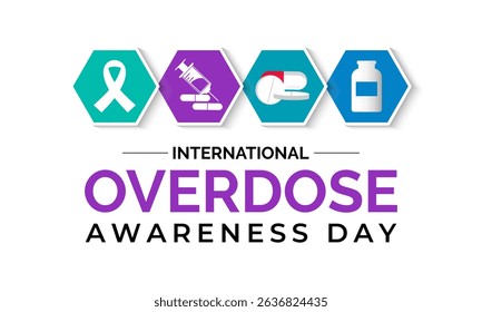 International Overdose Awareness Day. Unite for Prevention, Remember with Purpose. Syringe, pills, Medicine bottle, Capsules with powder or granules.. Purple Realistic ribbon. Banner poster,background