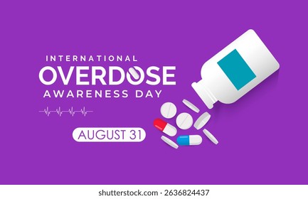 International Overdose Awareness Day. Unite for Prevention, Remember with Purpose. Syringe, pills, Medicine bottle, Capsules with powder or granules.. Purple Realistic ribbon. Banner poster,background