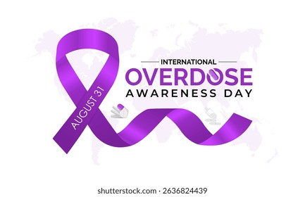 International Overdose Awareness Day. Unite for Prevention, Remember with Purpose. Syringe, pills, Medicine bottle, Capsules with powder or granules.. Purple Realistic ribbon. Banner poster,background