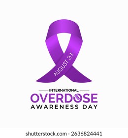 International Overdose Awareness Day. Unite for Prevention, Remember with Purpose. Syringe, pills, Medicine bottle, Capsules with powder or granules.. Purple Realistic ribbon. Banner poster,background